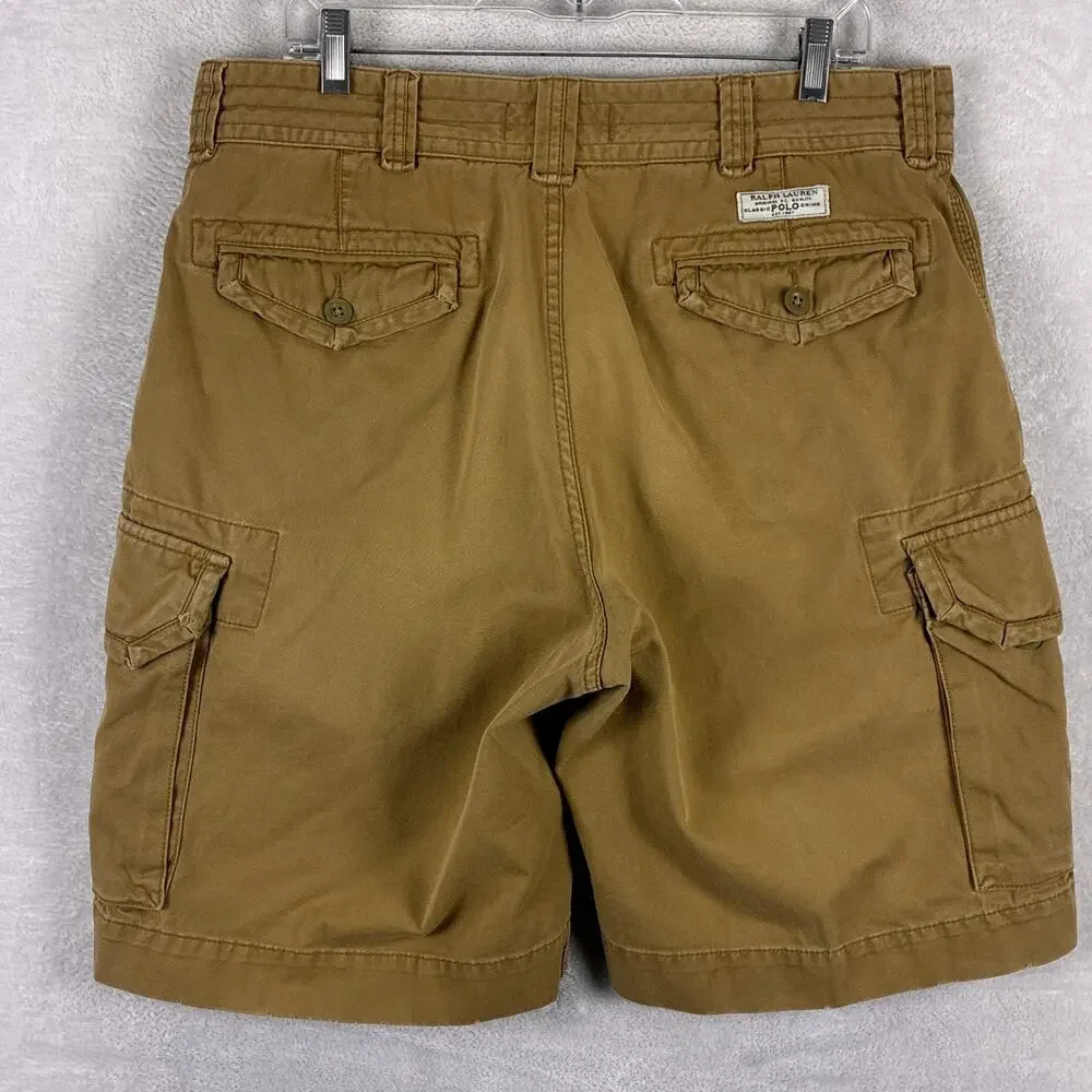 VTG Polo Ralph Lauren Cargo Shorts Mens 35 Tan Y2K Preppy Baggy Skate Military